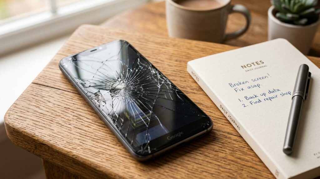 Close-up product photography of a damaged mobile phone scree