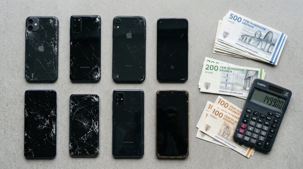Flat lay overhead shot of various smartphone models with dif