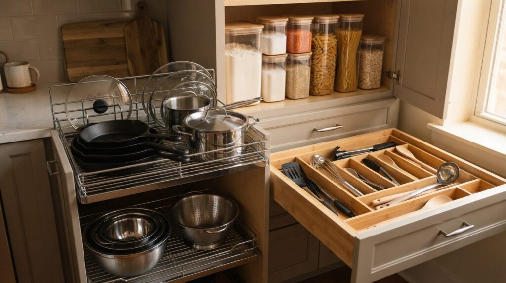 Close-up product photography of organized kitchen storage so