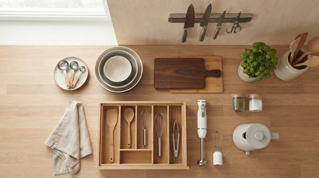 Flat lay overhead shot of everyday kitchen essentials and sm