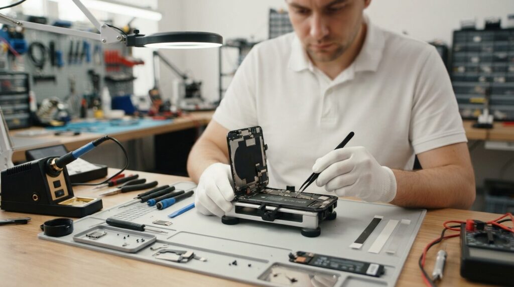 Close-up shot of a skilled technician in a white polo shirt