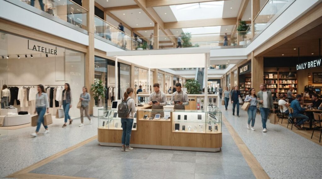 Modern shopping mall interior with a bright electronics repa