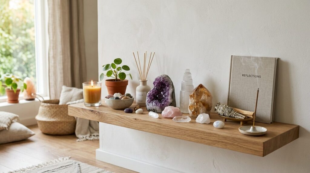 Serene home interior scene showing a curated collection of h