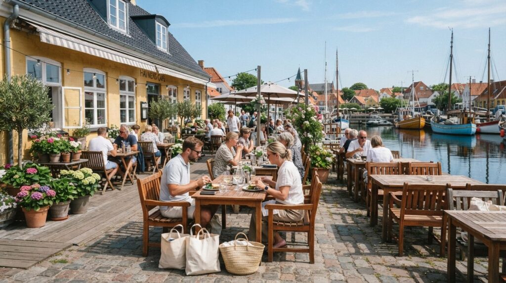 Realistic photograph of a charming waterfront lunch cafe in