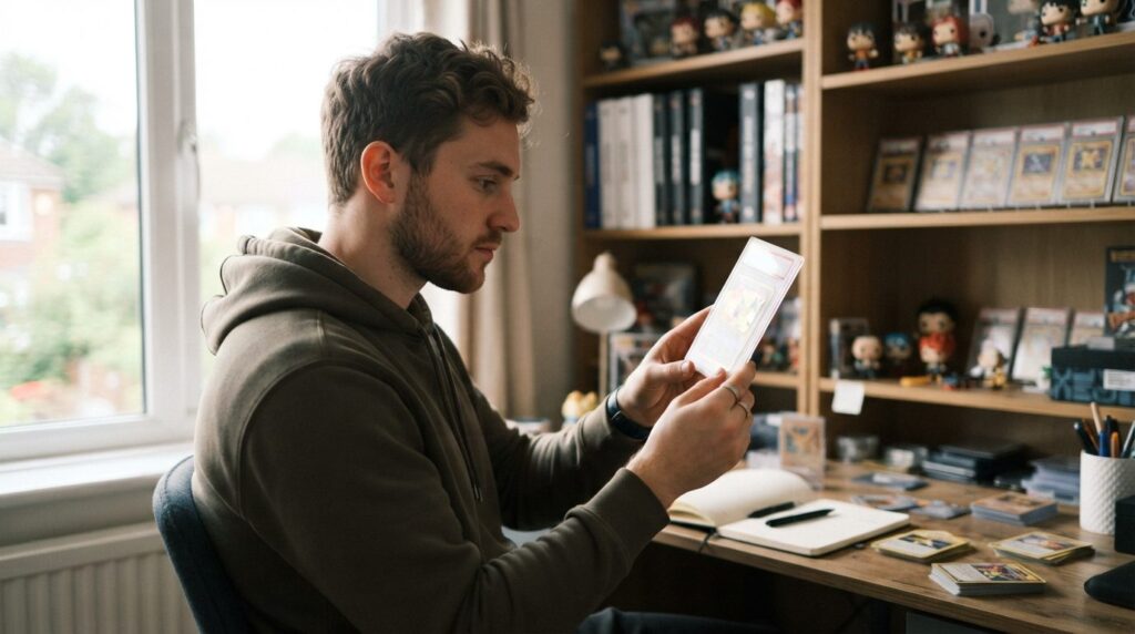 Lifestyle image of a young adult collector examining a profe