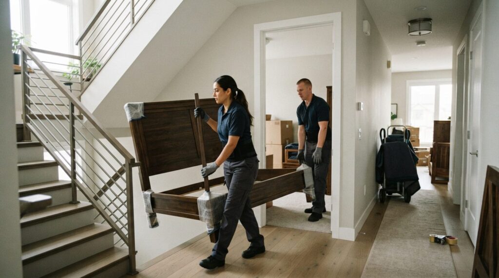 Wide shot of professional movers carefully transporting a la