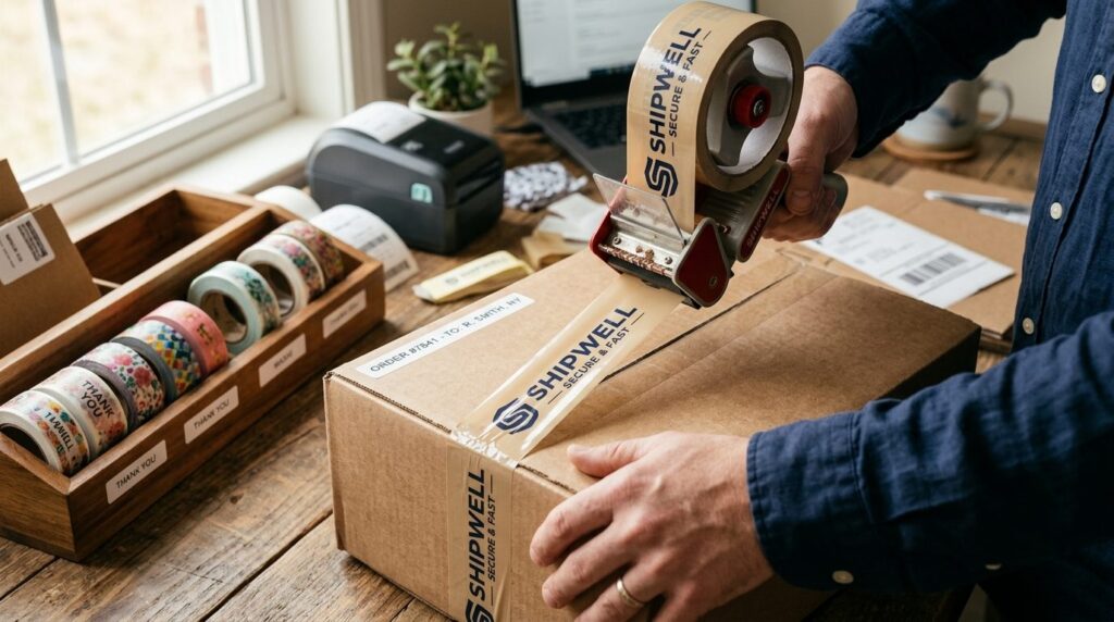 Close-up detail shot of branded logo tape dispenser sealing 