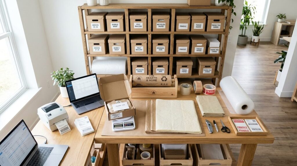 Wide overhead view of an efficient home packing station with