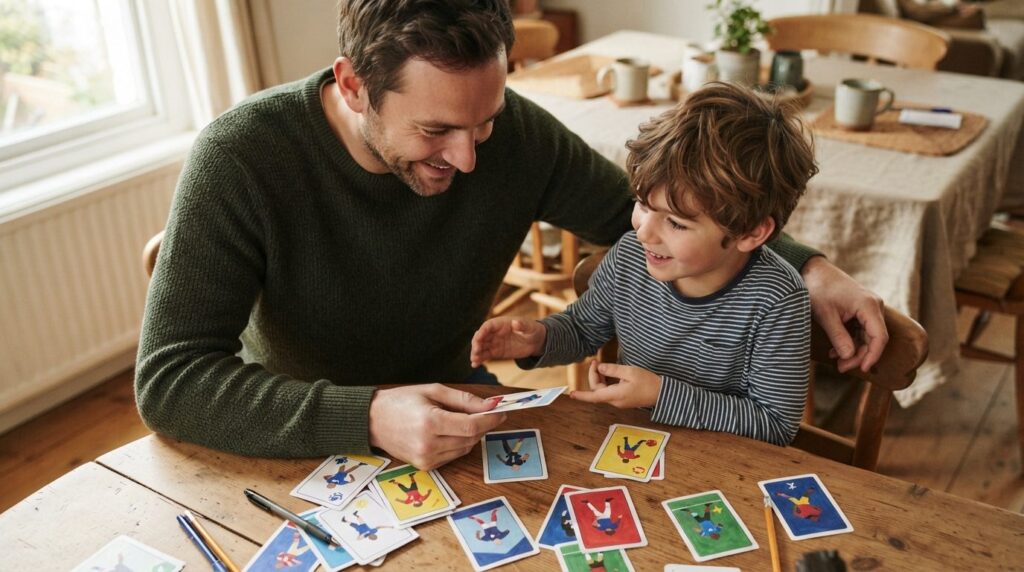 Close-up overhead shot of a father and young son examining p