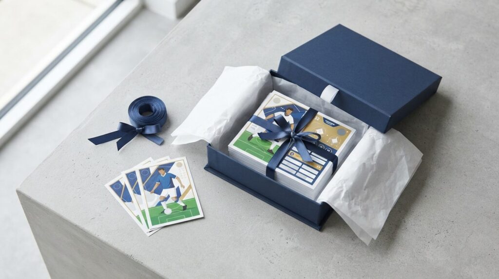 Flat lay composition of personalized football gift set inclu