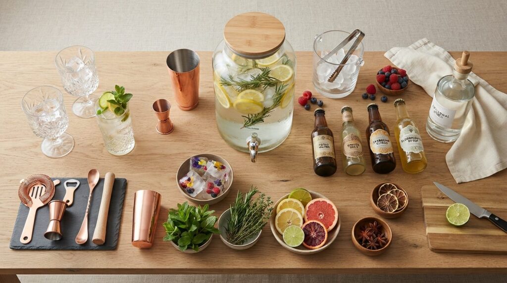 Flat lay professional product photography of DIY bar essenti