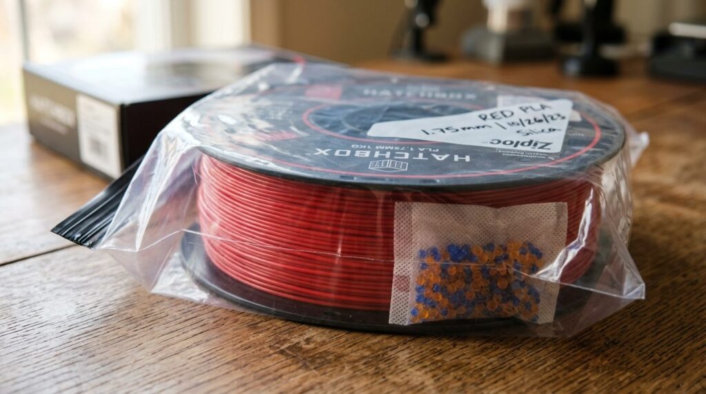 Close-up detail shot of PLA filament spool with moisture-abs