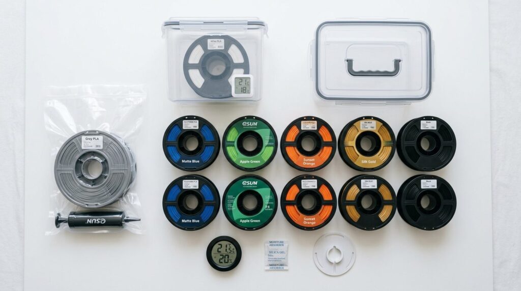 Flat lay composition of 3D printing storage solutions includ
