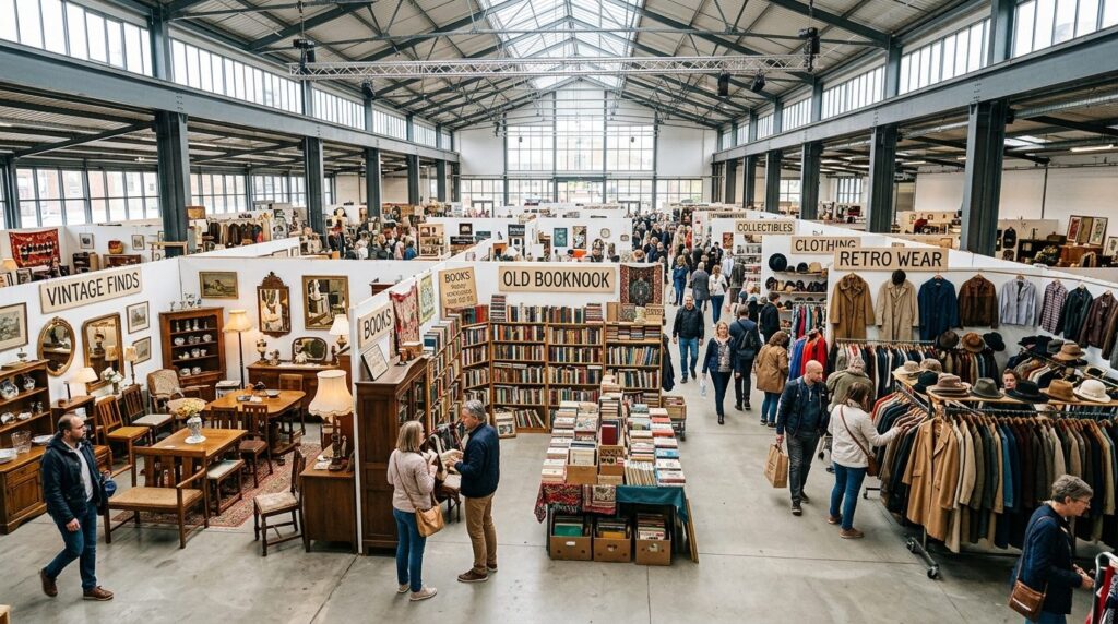 Wide angle shot inside a spacious flea market hall showing m