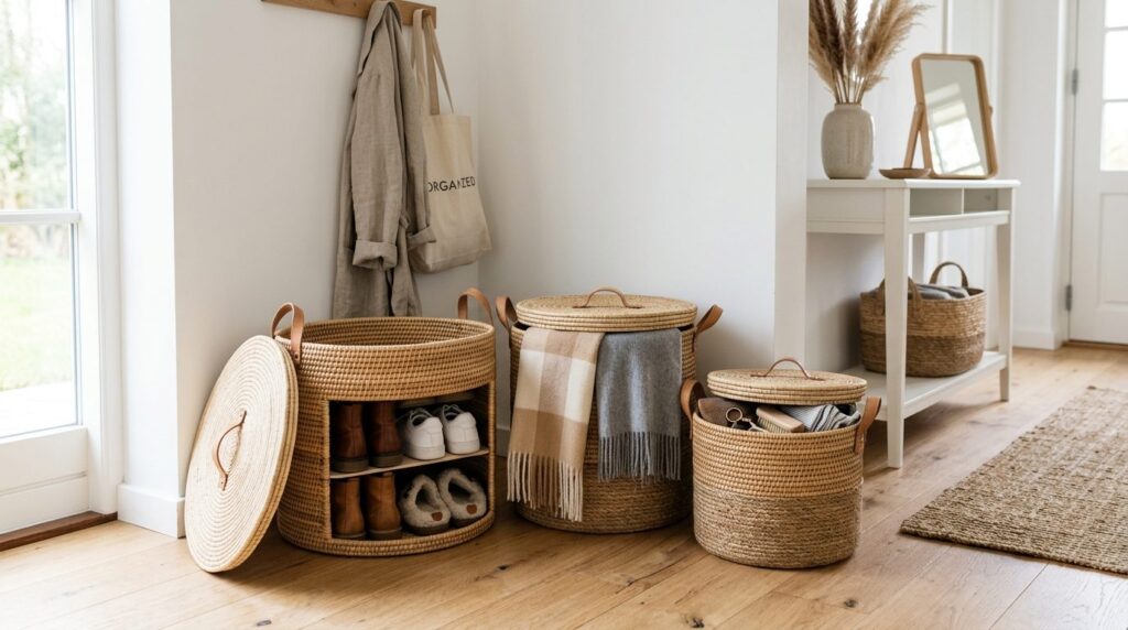 Close-up product lifestyle shot of decorative woven storage