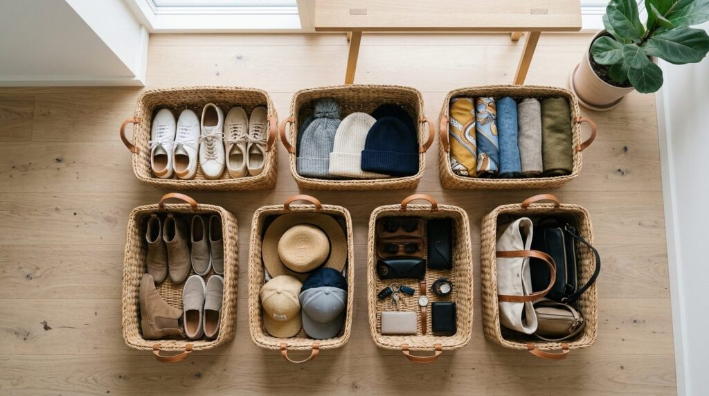 Top-down flat lay of multiple open storage baskets with hand