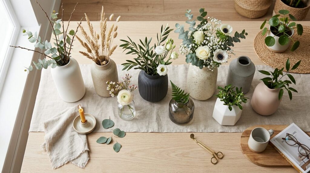 Modern interior design flat lay overhead shot of multiple de