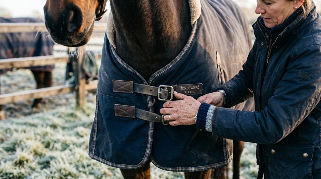Close-up lifestyle shot of a horse owners hands adjusting a