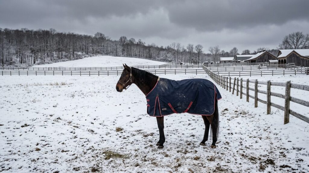Wide shot of a dark bay horse standing in winter pasture wea