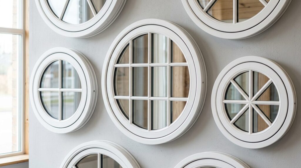 Close-up detail shot of white PVC round window frame showing
