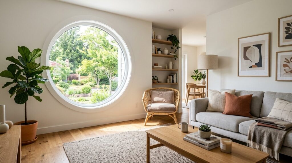 Interior lifestyle photograph of a bright modern living room