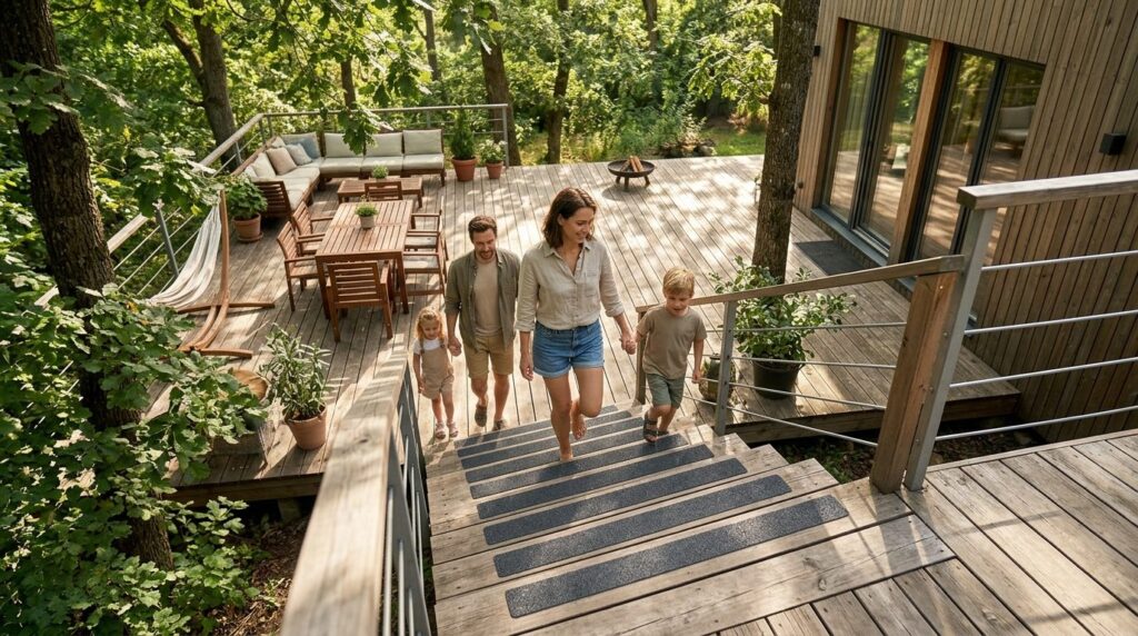Overhead shot of modern summer house wooden terrace with ins