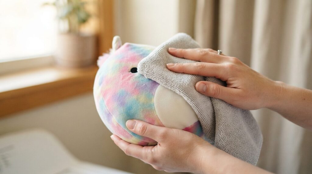 Close-up detail of hands gently patting dry a colorful Squis