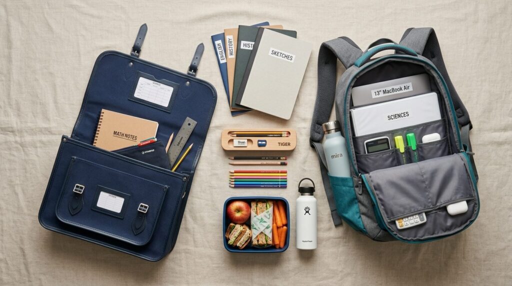 Flat lay overhead view of a structured school satchel and er