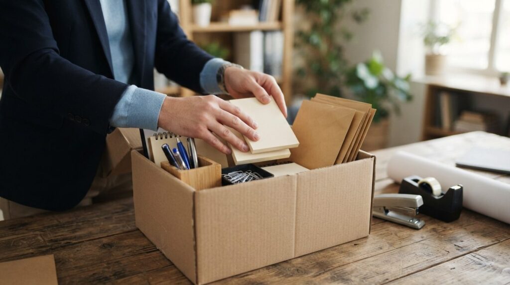 Close-up of a businesspersons hands placing various office