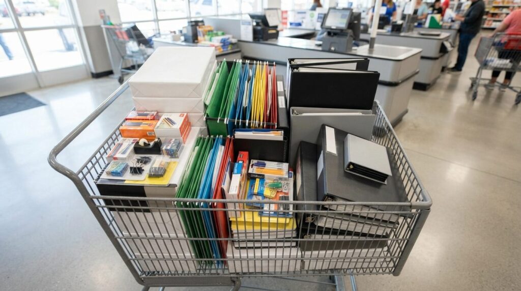 Overhead view of a shopping cart filled with bulk office sup